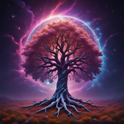 white huge tree grows from the black hole in the center of galaxy, fluorescent leaves, white glowing bark, alien colorful planets grow on branches of the tree, life energy flows through the roots of the tree, space, cosmic scenery, clouds of cosmic dust ar...