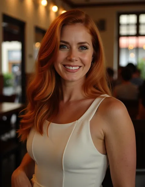 <lora:Amy_Adams_Flux:1> This is a  beautiful photograph of a woman, red hair cascades around her shoulders, framing her face. She is wearing a boatneck dress, Standing in a cafe. Looking at the viewer. Smile.