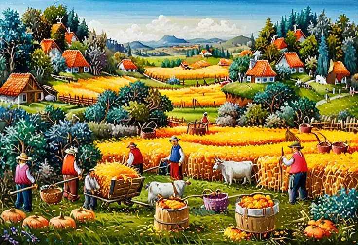 dr4g4n, style of dr4g4n,,A colorful and vibrant naÃ¯ve art painting of several men harvesting hay in a wide-open field under a bright, sunny sky. The men are depicted with simplified, almost childlike features, wearing straw hats, plain shirts, and pants, ...