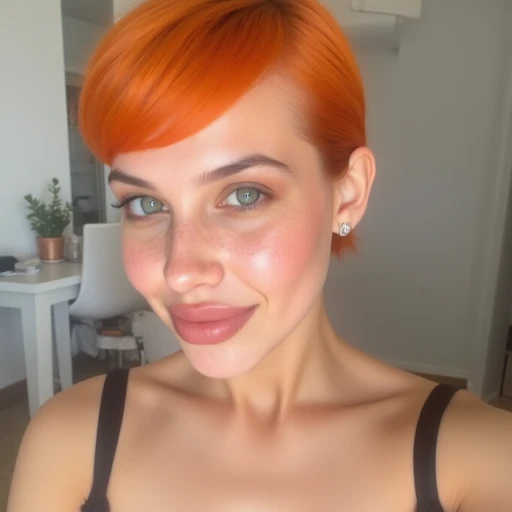 The image is a high-resolution photograph of a young woman with a striking appearance. She has a fair complexion, confident look., bright orange hair styled in a sleek bob. Her facial features include a prominent nose, expressive green eyes with long, feat...