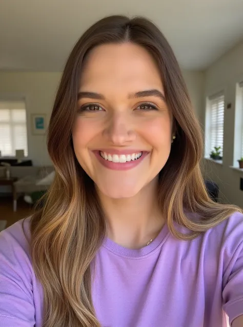 RAW photo of jup41v4 woman, wearing a lilac tshirt, in a living room, detailed face, natural lighting, highly detailed, absurdres, smile happy

