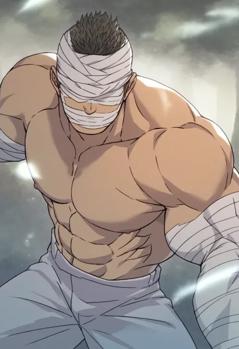 1boy, Tsukumogami, muscular, topless, ((bandage cover eyes)), ((bandage cover mouth)), ((bandage cover full arms)), gray_hair, (slick back hair), very short hair, white jeans, score_8_up,score_7_up, score_6_up, score_9_up, forest environment, expressionles...