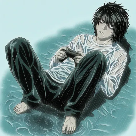 controller, pants, squatting, lying on back, solo, 1boy, barefoot, bags under eyes, wet, simple background, looking at viewer, white shirt, black eyes