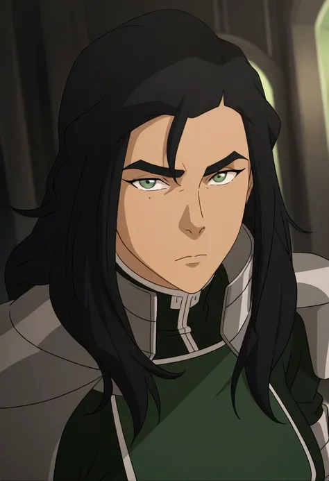 (best quality, kuvira_il,hyper-detailed, 8k uhd::1.4),1girl.solo.long hair, uniform, armor, shoulder armor, gloves, belt.portrait,emotionless,looking at viewer,green and black backround,two tone backround,simple backround,