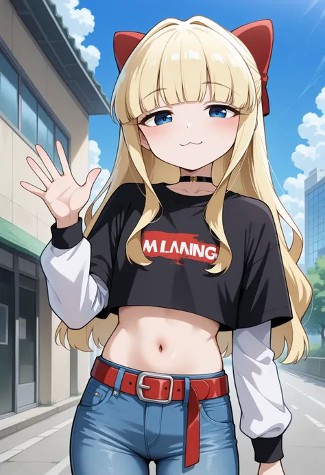 masterpiece,best quality,amazing quality,very aesthetic,absurdres,newest, 
 <lora:Kaoruko Tenkawa illu:1>1girl, blonde hair, blue eyes, cloud, red belt, :3, black shirt, navel, outdoors, midriff, looking at viewer, hair bow, choker, short over long sleeves...