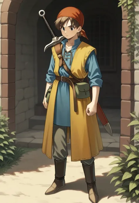 masterpiece, best quality, 

herodq, 1boy, male focus, solo, bandana, red bandana, brown hair, short hair, black eyes, tunic, blue tunic, long sleeves, sleeves rolled up, coat, yellow coat, sleeveless coat, belt, pants, pants tucked in, bag, pouch, boots, ...