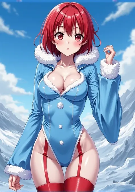 <lora:ponygirlbody:1>,pgbv1,anime,sexy girl,tight,narrow waist,A red-haired girl with ahegaos face moans with excitement,A girl in a blue snow maiden costume on a background of glaciers and snow,a winter suit with cutouts,red thongs,red stockings,front vie...