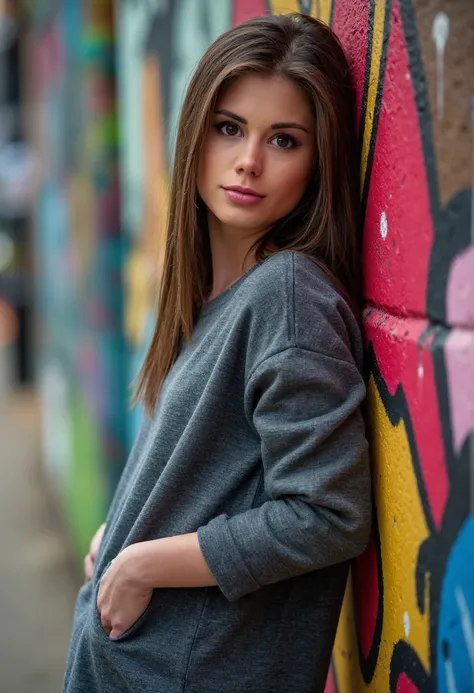 {    "T5": "The image is a high-quality photo shot on a Nikon D850 with a portrait crop, featuring Marketa Stroblova as the main character. She is positioned in front of a vibrant graffiti-covered wall in London, wearing a casual grey sweaterdress. The moo...