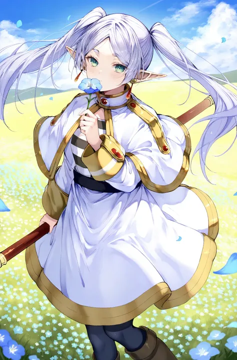 masterpiece, best quality, Noyu, 1girl, frieren, solo, elf, twintails, holding, pointy ears, flower, capelet, white capelet, long hair, jewelry, flower field, holding flower, pantyhose, blue flower, white hair, field, earrings, petals, green eyes, parted b...