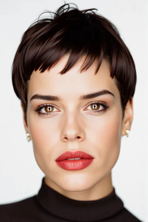 close up face portrait of nevecflx, a short haired brunette woman in martincstyle look, plain white studio backdrop, framed centered