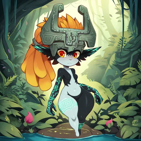 <lora:Huffslove_Style_Illustrious:0.8> huffslove, masterpiece, best quality, very aesthetic, 1girl, breasts, monster girl, midna (imp), shortstack, wide hips, thick thighs, small breasts, brown hair, orange eyes, white body, clothed, clothing, in a rainfor...