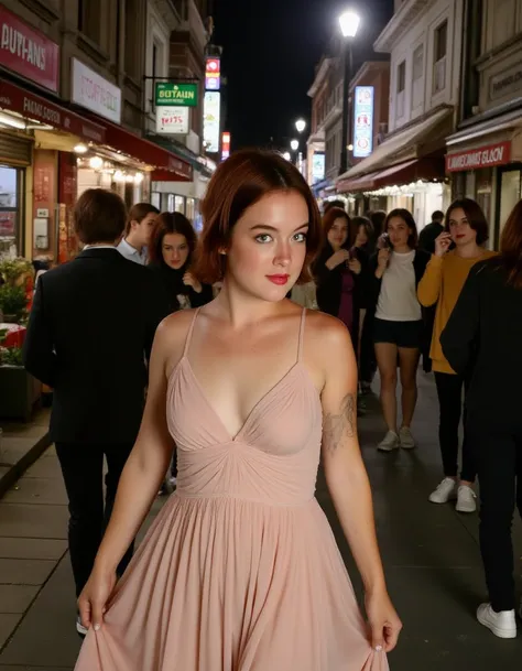 A young woman wearing an elegant dress walking through a bustling city street at night. The dress sways gently as she moves, standing out amidst the busy crowd of people in modern attire. The street is lively with vendors, colorful signs, and a mix of hist...