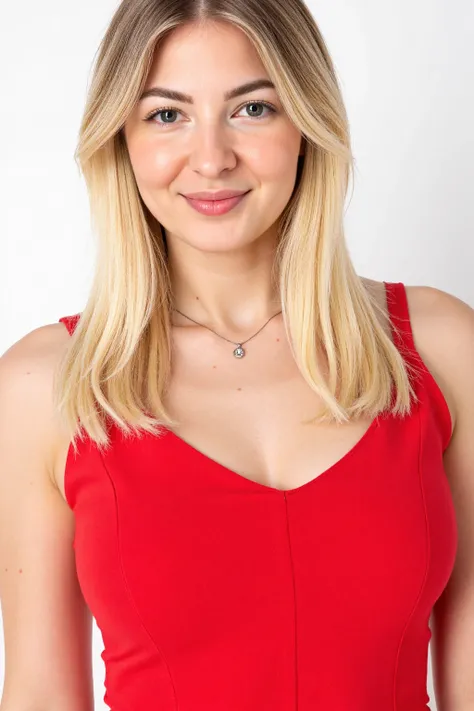 jan1na, blonde woman wearing a red top, white background, potrait