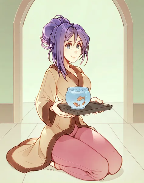 <lora:_oxcoxa_NAIXL-000015:1> art by oxcoxa, artist:oxcoxa, best quality, masterpiece, uncensored, A woman with purple hair wearing a brown robe and pink pants sitting on the floor with a tray of objects in front of her. She is holding a fish bowl with a f...