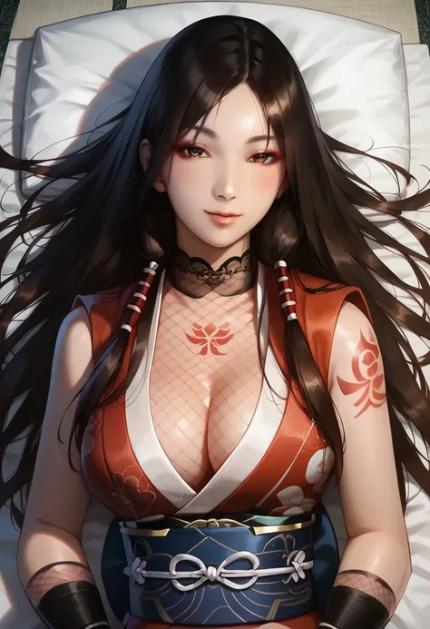 score_9, score_8_up, score_7_up, score_6_up, score_5_up, score_4_up, best quality,8k,masterpiece,1girl,kinu,(lying on bed),beautiful female,gloves,red japanese clothes, (beautiful face),sandals, long hair,brown hair, fingerless gloves,(tattoo), sash, obi,s...