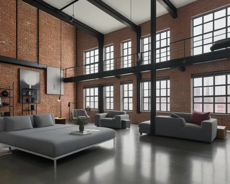 Film grain, 4k, high-resolution photograph, A spacious urban loft with exposed brick walls, steel beams, floor-to-ceiling windows, and an open-concept layout.