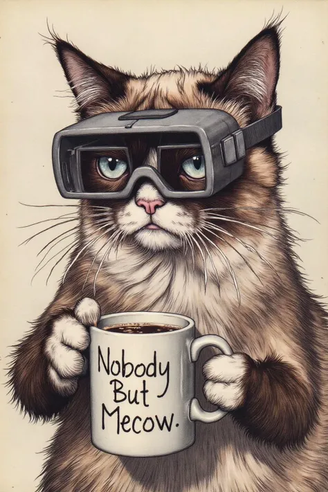 artrack1 illustration of Grumpy Cat holidng a coffee mug, wearing a VR Headset. The mug has the phrase "NobodyButMeow" printed,  <lora:artrack1_nocap_d6a3:1.0><lora:812479771121447385:0>