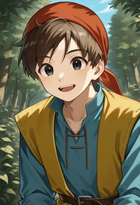 masterpiece, best quality, 
herodq, 1boy, male focus, solo, bandana, red bandana, brown hair, short hair, black eyes, tunic, blue tunic, long sleeves, sleeves rolled up, coat, yellow coat, sleeveless coat, smile, portrait, open mouth
outdoor, nature, sky