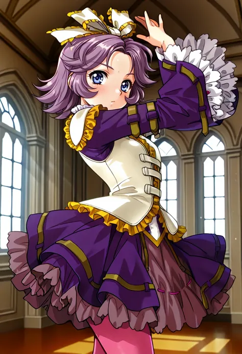 masterpiece, best quality, 1girl, solo, <lora:ill_latooni:1>, cowboy shot, srw_latooni, dress, long sleeves, purple long sleeves, wide sleeves, arm belt, frilled skirt, purple skirt, pink pantyhose, hair ribbon, purple hair, short hair, sapphire eyes, look...