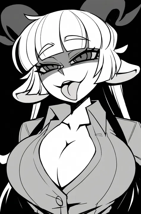 masterpiece, best quality, Vanripper, 1girl, goat ears, goat horns, breasts, monochrome, horns, greyscale, goat girl, tongue, solo, tongue out, cleavage, shirt, long hair, black background, horizontal pupils, animal ears, large breasts, looking at viewer, ...