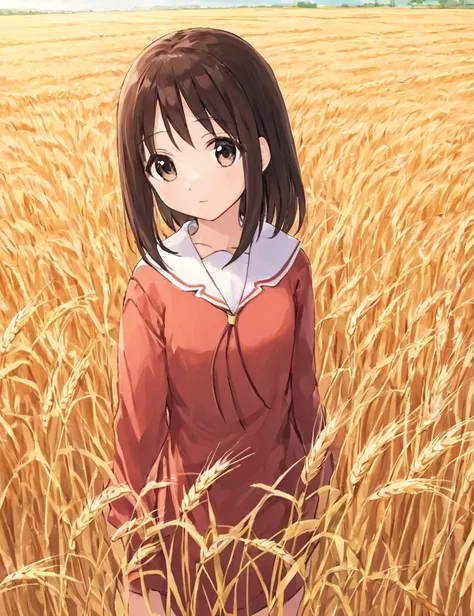 masterpiece, best quality, 1 girl, kasuga ayumu, serafuku, wheat field, <lora:Kasuga_Ayumu_Osaka_SDXL_XL_Azumanga_Daioh_Epoch10:1>