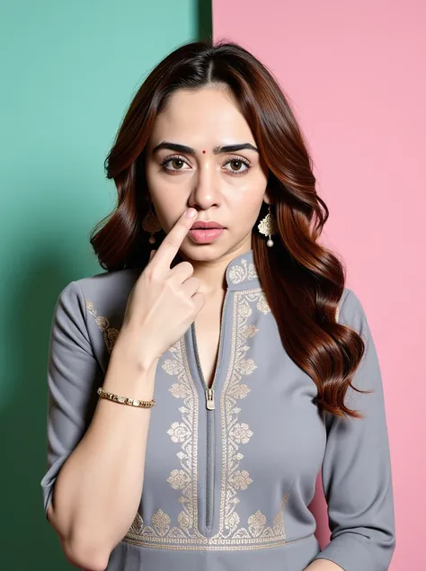 headshot photo of Amruta Khanvilkar woman,hyper realistic candid photo  making an O with her mouth,studio quality, wearing intricate conservative turtleneck Grey Palazzo Suit, curls, pastel shaded multicolored background, cinematic lighting<lora:TestBedAmr...