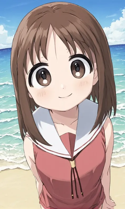 masterpiece, best quality, 1 girl, brown hair, kasuga ayumu, brown serafuku, big eyes, smiling, <lora:Kasuga_Ayumu_Osaka_SDXL_XL_Azumanga_Daioh_Epoch10:1.2>, beach, old anime