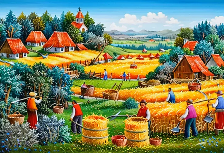 dr4g4n, style of dr4g4n,,A colorful and vibrant naÃ¯ve art painting of several men harvesting hay in a wide-open field under a bright, sunny sky. The men are depicted with simplified, almost childlike features, wearing straw hats, plain shirts, and pants, ...