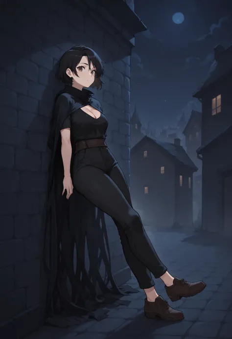 v1n, leaning against wall, 1girl, solo, tasselled cloak, brown eyes, short black hair, black shirt, cleavage, black pants, brown shoes, night, <lora:VinIllustrious:0.8>