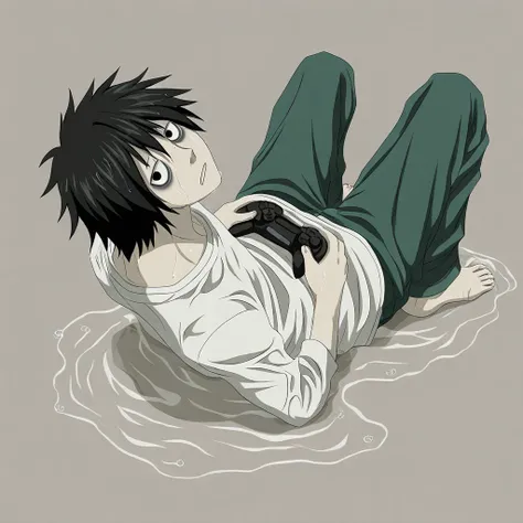 controller, pants, squatting, lying on back, solo, 1boy, barefoot, bags under eyes, wet, simple background, looking at viewer, white shirt, black eyes