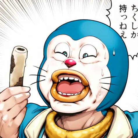 best quality,(manga style:1.3),(1boy),upper body,holding chikuwa,open mouth,speech bubble,chikuwa,shouting,emphasis lines,sweat,sweatdrop,four fingers,Doraemon(character),whiskers,white teeth,<lora:Chikuwa_ILnw64:1>,