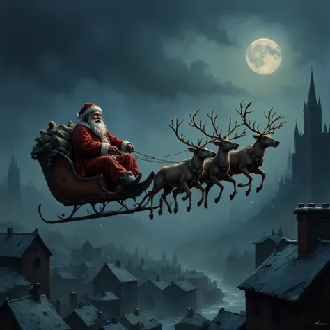 Santas sleigh, gliding over the dark city, pulled by large reindeer.

strkelmntlCE_style