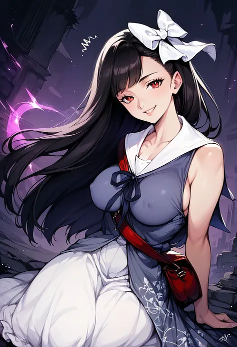 LouiseNR, 1girl, solo, black hair, long hair, bangs, red eyes, white bow, hair bow, lips, pale skin, red bag, sleeveless dress, white dress, dress ornament,  white sailor collar, breast, ribbon, shoulder bag, white footwear,
seductive pose, sexy pose, teas...