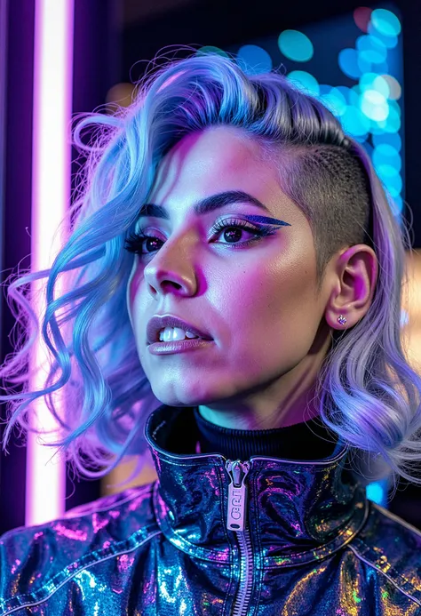 A woman at a cyberpunk tech fair, embodying futuristic flair. Her hair is shaved on one side and styled into voluminous curls dyed in iridescent shades of blue, silver, and lavender. Shes wearing a high-necked, holographic jacket with metallic eyeliner tha...