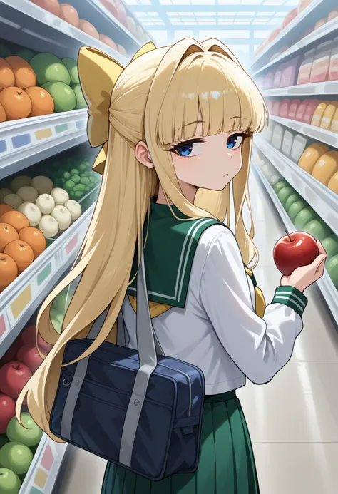 masterpiece,best quality,amazing quality,very aesthetic,absurdres,newest, 
 <lora:Kaoruko Tenkawa illu:1> 1girl, blonde hair, blue eyes, hair bow, blunt bangs, hair intakes, sidelocks,  indoor, of a grocery store, bored, from behind, holding fruit, looking...