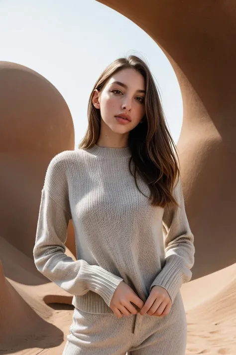 a photo of C3l1n3F4r4ch_HM-143, a woman, wearing long sleeve sweater, long pants, 200mm, Mars Habitat Prototype, Prototype habitat testing potential living conditions for Martian colonies., (epiCPhoto), (looking_at_viewer:1.1), OverallDetail, SkinHairDetai...