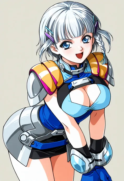 masterpiece, best quality, 1girl, solo, <lora:ill_seolla:1>, srw_seolla, cowboy shot, 1990s(style), srw_seolla, armor, shoulder pads, large breasts, cleavage cutout, miniskirt, blue gloves, short hair, side braid, gray hair, blue eyes, v-shaped eyebrows, b...