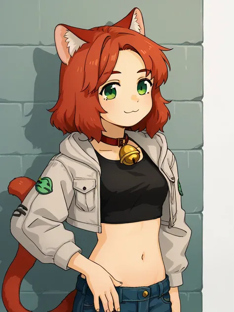 <lora:Akai_Sashimi-PonyXL-1024px:1.0>
score_5_up,
1girl, solo, standing, crop top, smile, jacket, jeans, cat_tail, animal ear fluff, neck_bell, red hair, green eyes