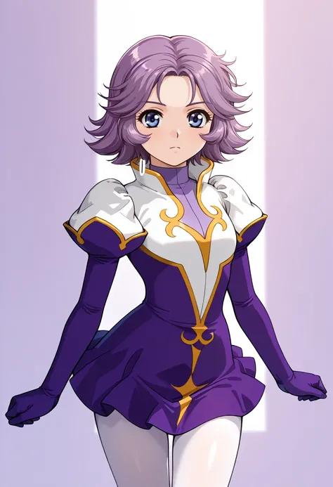 masterpiece, best quality, 1girl, solo, <lora:ill_latooni:1>, cowboy shot, srw_latooni, collar, short dress, lavender colored  inner, purple puffy sleeves, long sleeves, elbow gloves, purple gloves, purple skirt, miniskirt, white pantyhose, purple hair, sh...