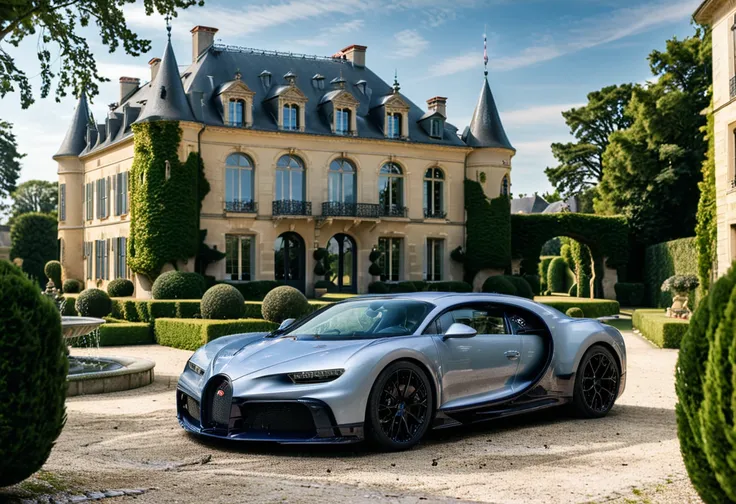 <lora:bugattich1r0n:1>,A soft lavender, bugatti ch1r0n parked outdoors in front of a majestic French château. The car, with its glossy metallic blue exterior and sleek black accents, is perfectly positioned on a cobblestone driveway leading to the château....