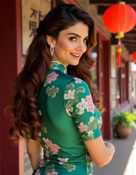 8k hdr.   <lora:AnveshiJainflux1a-000001:1>   with a light tan skin tone and long, voluminous, wavy brown hair styled in loose curls cascading down her shoulders.  a full body photo She is wearing a Cheongsam made of green silk with elaborate flower design...