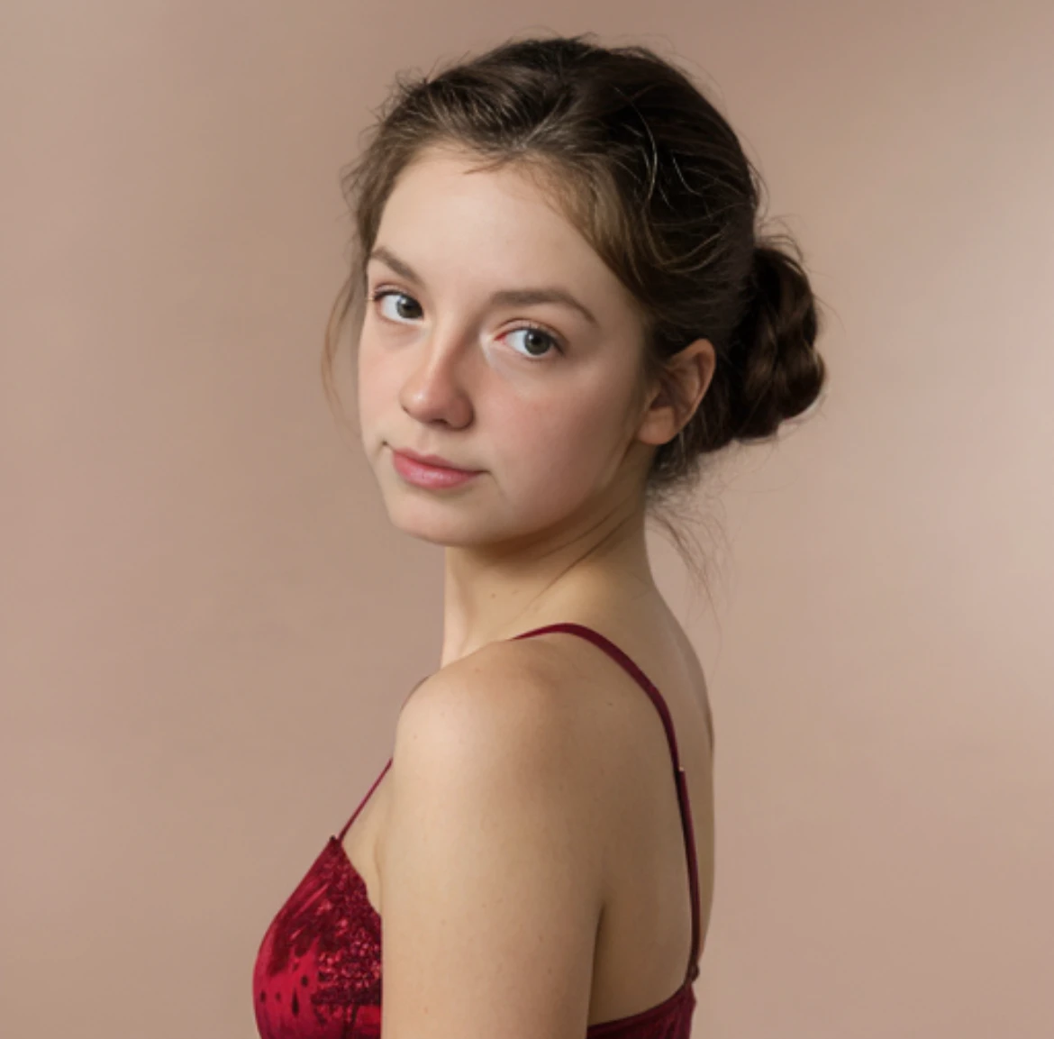 Ra3r0d, wide shot, cute, young woman, Taper Fade with Textured Top, light brown hair, brown eyes, thick eyebrows, (sad,gloom expression), strawberry background