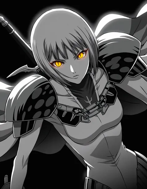 Solo, Clare, Short hair, Blunt bangs, White bodysuit, Pauldrons, Cape, white gloves, cuffs, Lower armour, Yellow eyes, (detailed eyes), glowing eyes, slit pupils, collarbone, (insignia), armoured footwear, dynamic pose, serious, dutch angle, dark, spot col...