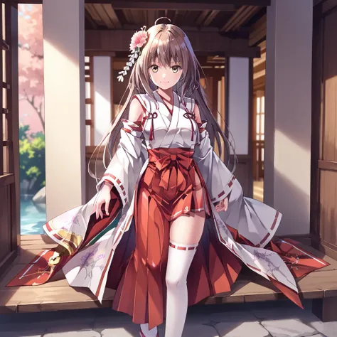 score_9, score_8_up, score_7_up, score_6_up, source_anime, Expressiveh,  
 <lora:Soma_Sennen_Sensou_Aigis:0.8>, Shrine_Soma, Brown Hair, Long Hair, Hair Flower, Kimono, Shrine Maiden Clothes, Japanese Clothes, Sandals, thighhighs, 
japanese shrine, miko, s...