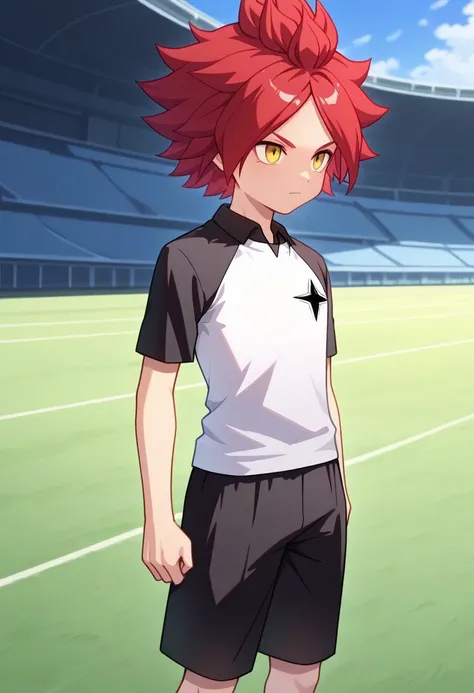 masterpiece, best quality, 
nagumo, 1boy, male focus, solo, yellow eyes, red hair, spiked hair, sportwear, soccer uniform, alien soccer uniform, shirt, multicolored shirt, raglan sleeves, black and white shirt, short sleeves, shorts, black shorts, 
outdoor...