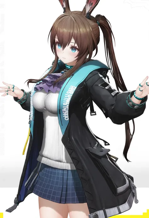 amiya (arknights),1girl,aged up,alternate breast size,animal ears,ascot,black coat,blue eyes,blue skirt,blush,breasts,brown hair,coat,counting,cowboy shot,frilled ascot,frills,hair pulled back,impossible clothes,impossible shirt,jewelry,large breasts,long ...