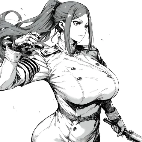 TsuyoshiTakakiStyle, 1girl, gorgeous woman, long hair, black and white military outfit, ponytail, big breasts, military base background, 3AV, 3AV Supreme, score_9, score_8_up, score_7_up, masterpiece, best_quality