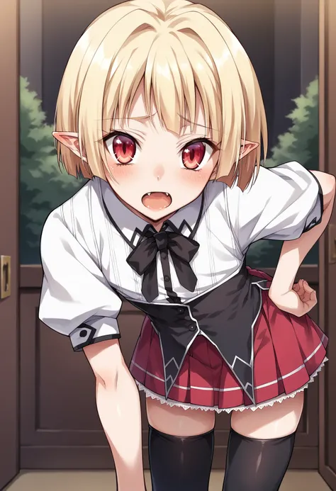 score_9, score_8_up, score_7_up, score_6_up, score_5_up, score_4_up, masterpiece, source_anime, 1boy, trap, androgynous, c-gasper, blonde hair, short hair, red eyes, pointy ears, dress shirt, short sleeves, black neck ribbon, black underbust, tailcoat, red...