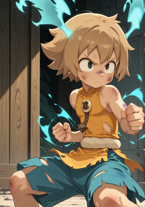 masterpiece,best quality,amazing quality, solo, 1boy,  <lora:IlluYugo:1> illuyugo, black eyes, blonde hair, blue aura, head wings, short hair, blue shorts, torn clothes, bruise, fighting stance, serious, yellow sleeveless top,