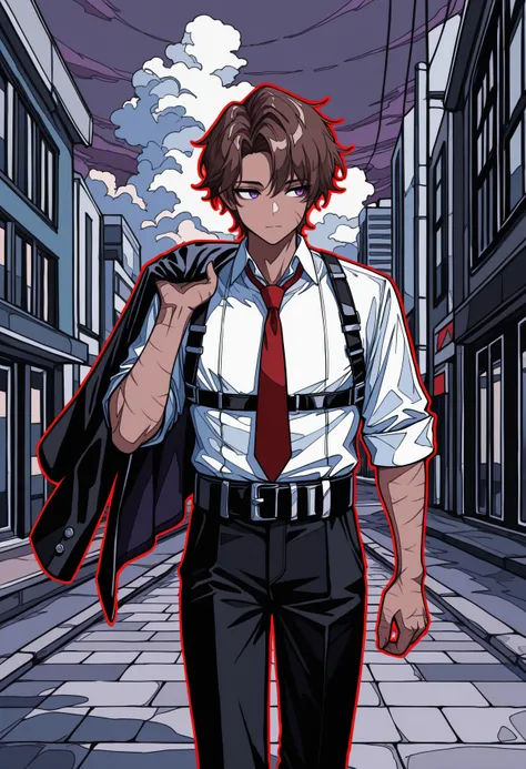 masterpiece, best quality, ligne claire, high contrast, red outline, male focus, solo, 1boy, htclf, dark-skinned male, scar on face, scar on cheek, scar on arm, scar on hand, expressionless, looking away, walking, holding jacket, black jacket, short hair, ...